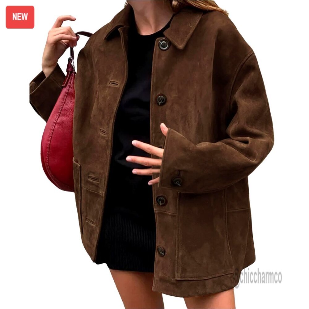 Faux Suede Leather Shacket Midi Long Button Down Casual Boyfriend Fit Jacket - Picture 1 of 5